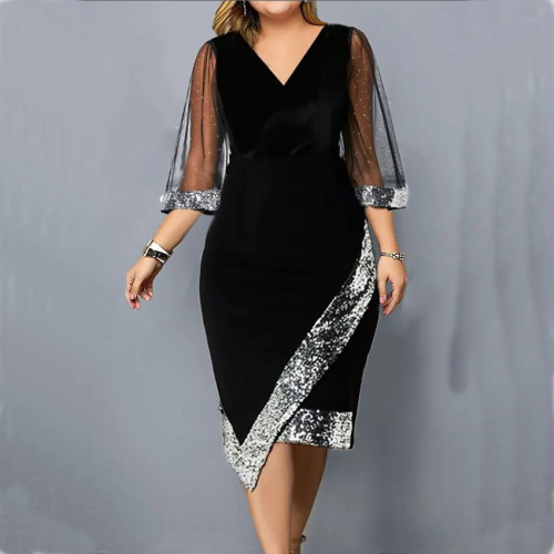 Golden velvet irregular sequin see-through mesh women's dress