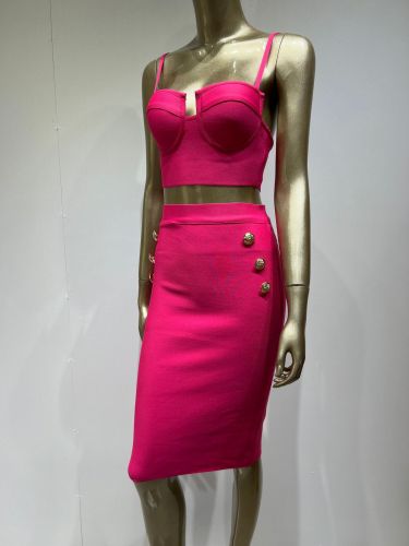 Bandage skirt suit sexy wipe suspender top high waist button short skirt high street two-piece set