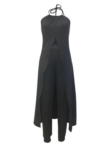 Temperament hanging neck sleeveless solid color open back loose top high waist pants suit
