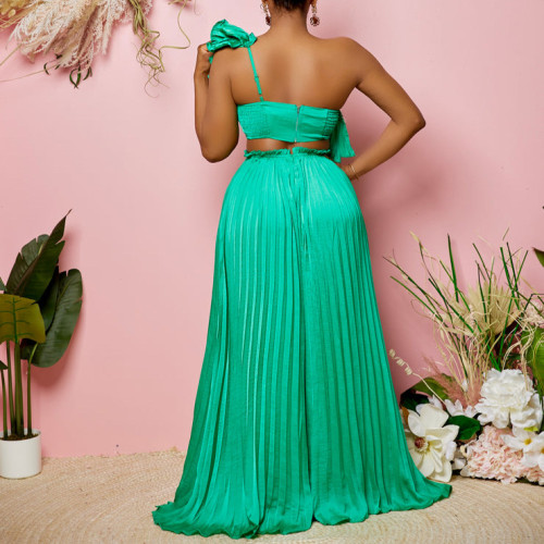 Women's diagonal shoulder open back ruffle sexy top pleated wide leg pants set two-piece