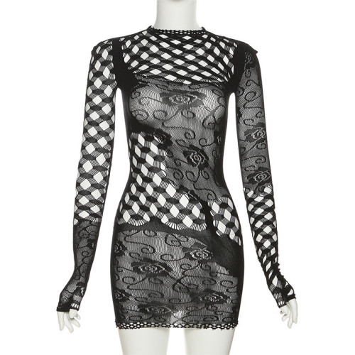 Fashion jacquard hollow-out round neck high waist slim short dress