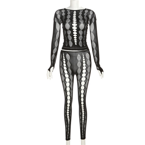 Sexy hollow knit top high waist tight casual pants suit