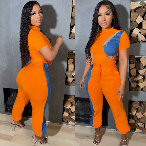 Fashion casual solid color patchwork denim two-piece set