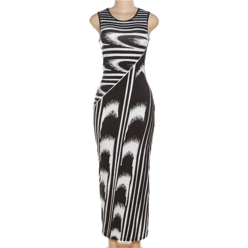 Sexy sleeveless printed high-waisted slim dress