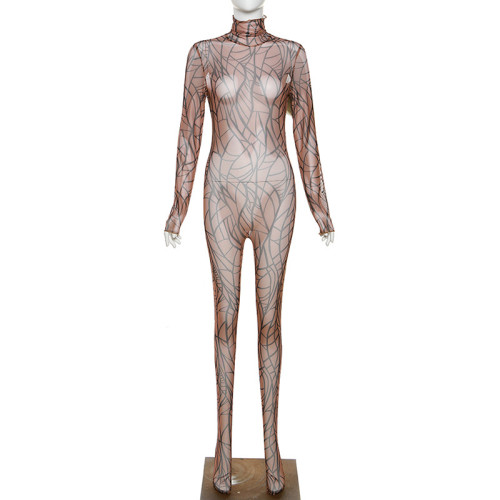 Women's fashion print sexy mesh perspective high-waisted bodysuit
