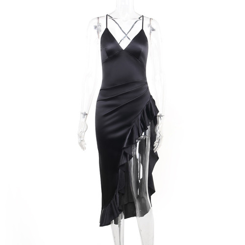 Sexy V-neck suspender with ruffle hem Split Dress Temperament Party Party Slim Fit Long Dress
