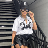 Fashion Trend Women's Abstract Face Print Polo Short Sleeve Button Loose Short Shirt