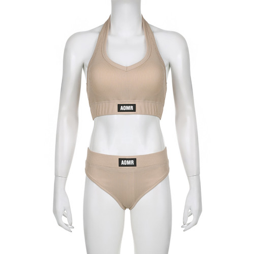 Solid Knitted Simple Personality V-Neck Pullover Ultra Short Tank Top High Waist briefs Bra Two Piece Set