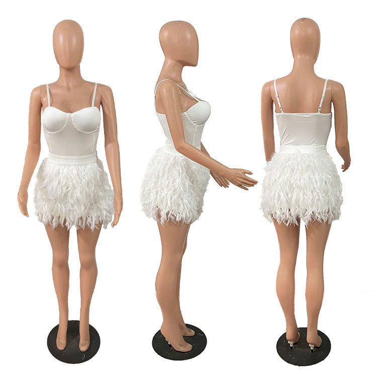 Chicken feather short skirt, solid color suspender jumpsuit, lower dress suit, two-piece jumpsuit, including chest pad