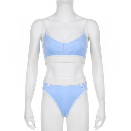 Sports Bra Set White Wrapped U-Neck Adjustable Buckle Free Steel Band Bra+High Waist briefs