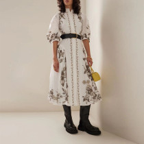 Round neck middle sleeve lace up waist design medium length women's floral print dress
