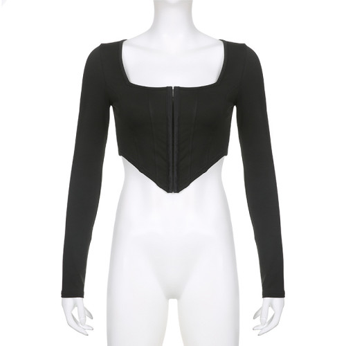 Solid color long sleeve square neck single row invisible button fishbone waist shows thin irregular tight jacket