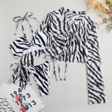 Striped Print Shirt Collar Mesh Three Piece Swimwear Bikini