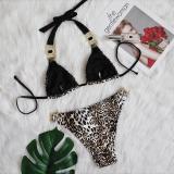 Holiday sexy leopard print diamond low waist gathered split swimsuit