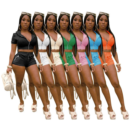 Towel Jacquard Hooded Zipper Short Sleeve Shorts Casual Sports Set