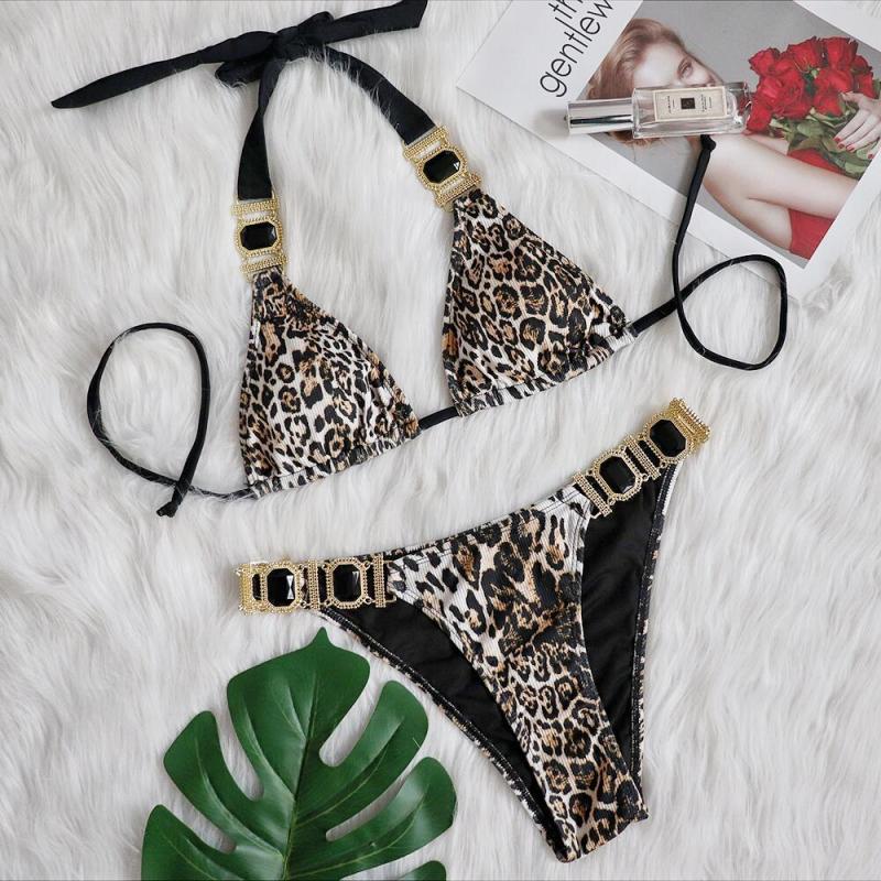 Holiday sexy leopard print diamond low waist gathered split swimsuit