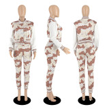 Single breasted long sleeve threaded sweater fabric bomber camouflage jacket set