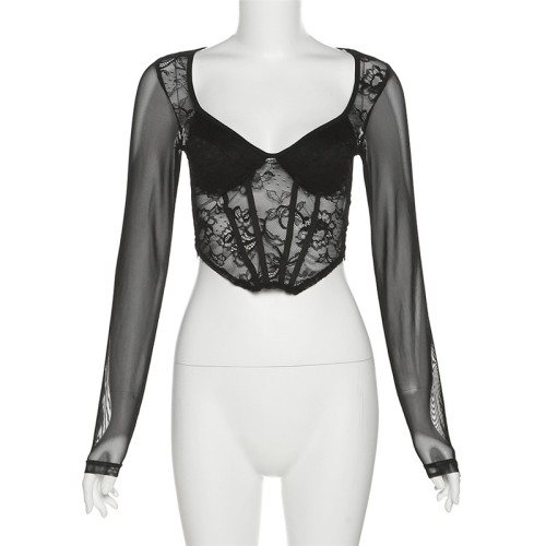 Women's Fashion V-Neck Sexy Mesh Panel Lace Underlay T-shirt