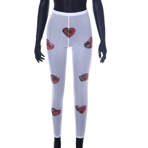 High Waist Mesh Perspective Casual Love Print Slim Fit Casual Pants