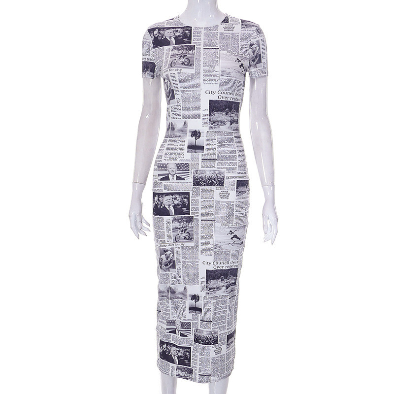 Fashion Newspaper Print Casual Short Sleeve Slim Fit Dress