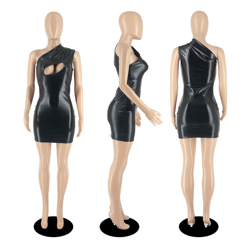 Sexy Slim Fit Imitation Leather Stamping Wrapped Hip Cut Out Dress