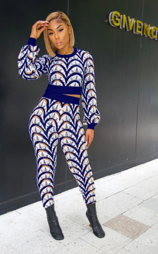 Fashion Casual Pants Long Sleeve Contrast Print Two Piece Set
