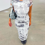Fashion Newspaper Print Casual Short Sleeve Slim Fit Dress