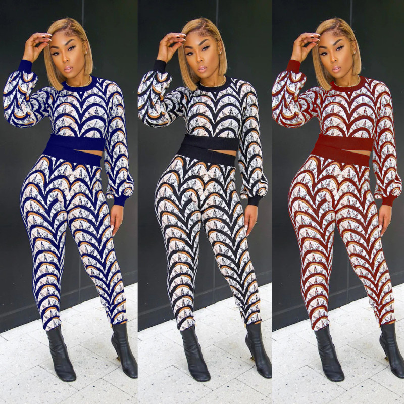 Fashion Casual Pants Long Sleeve Contrast Print Two Piece Set