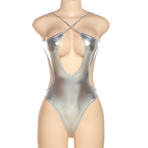 Women's sexy backless cross tie cut out T-shirt bottomed jumpsuit