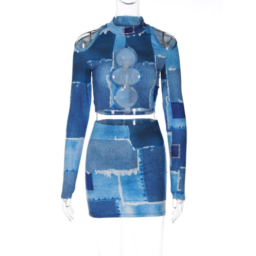 Long sleeved printed hip wrap skirt two-piece sexy cut-out fashion set