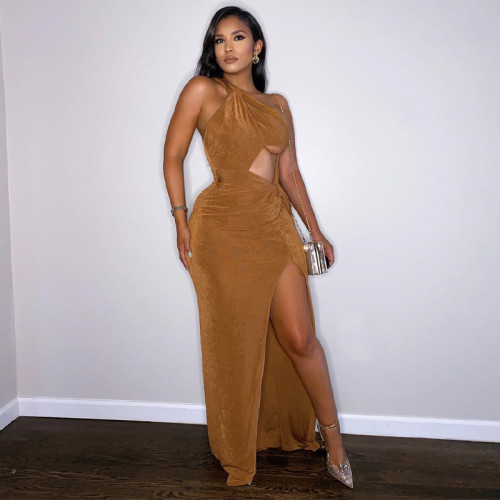 Women's sexy cut-out diagonal shoulder split mid length skirt Fashion temperament dress