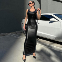 Women's leather sexy suspender U-neck long skirt temperament slimming dress