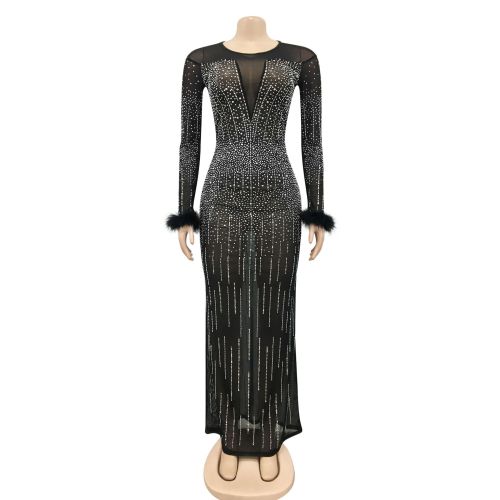 Fashion Nightclub Party Hot Diamond Women's Dress Mesh Perspective Long Sleeve Long Dress Dress