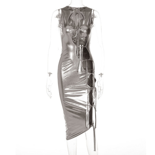 Fashion sexy cut-out lace up solid color sleeveless dress