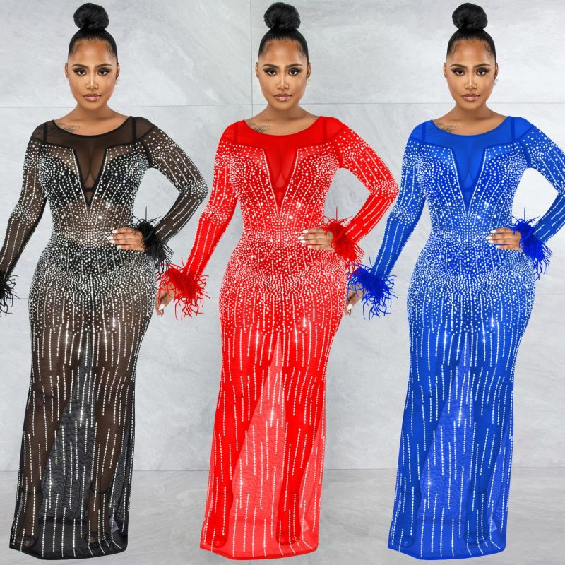 Fashion Nightclub Party Hot Diamond Women's Dress Mesh Perspective Long Sleeve Long Dress Dress