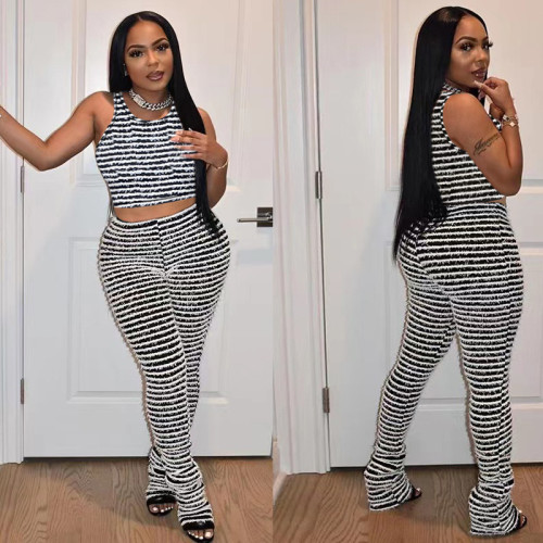 Knitted Stripe Sexy Tank Top Slim Fit Pants Set Two Piece Set