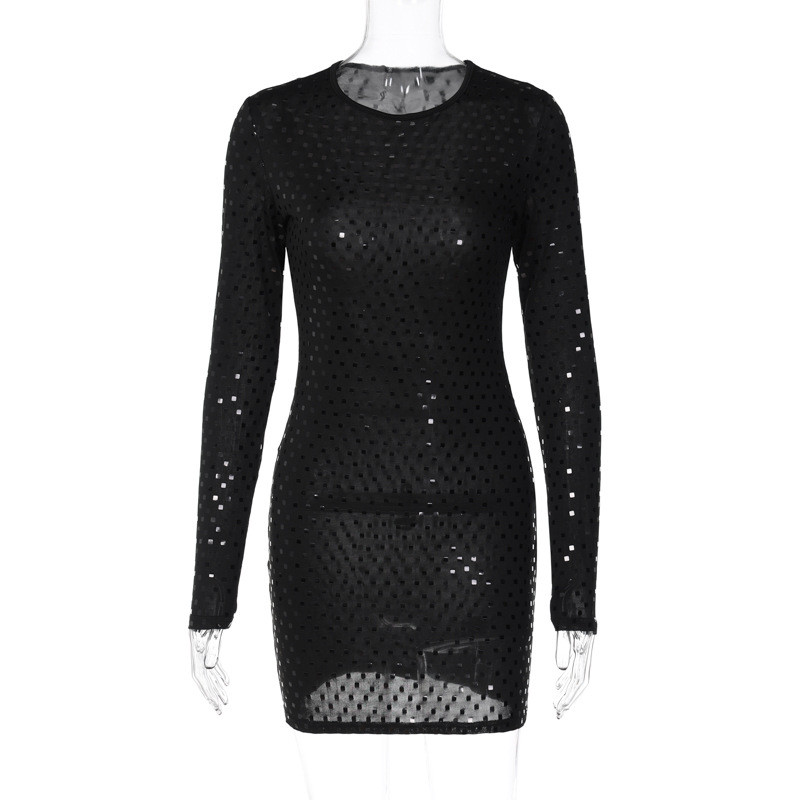 Fashion Sexy Solid Perforated Long Sleeve Wrap Hip Dress