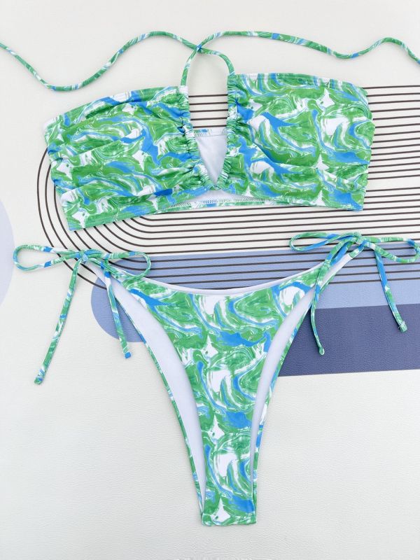 Sexy printed bikini cut-out halter swimsuit