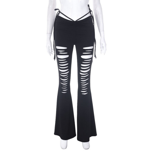 Solid Burnt Flower Perforated Lace High Waist Slim Fit Flare Casual Pants