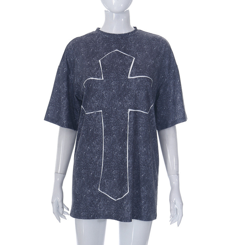 Casual Crew Neck Fashion Cross Print Short Sleeve T-shirt Top