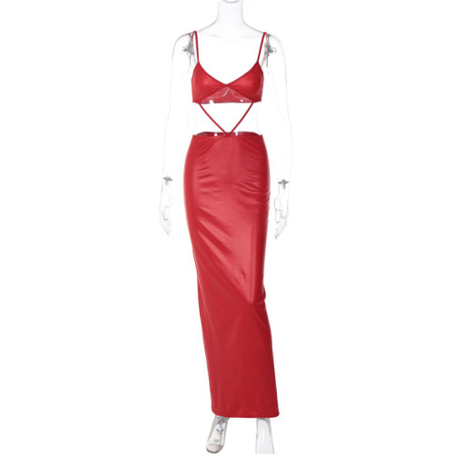 Women's Solid Color Faux Leather Sexy Chest Wrapping Panel Long Dress with Sling Split Dress