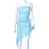 Solid sexy mesh see-through floral sleeveless auricular hem dress