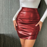 PU leather skirt pleated skirt zippered high waist covered hip skirt