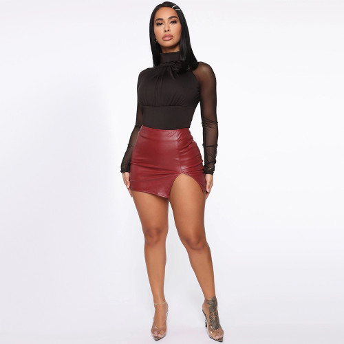 High Waist Wrapped Hip Short Skirt Night Shop PU Leather Zipper Sexy Black Leather Skirt