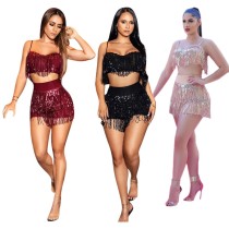 Sexy sequin tassel two-piece nightclub style sequin set