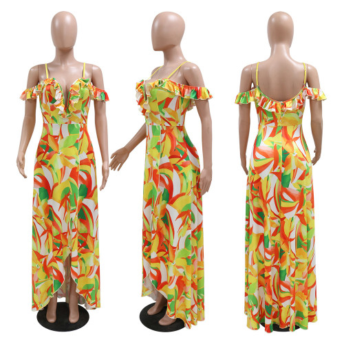 Sexy V-Neck Strap Irregular Print Dress