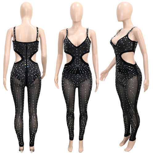 Fashion Sexy Mesh Perspective Hot Diamond Sleeveless Sling Jumpsuit