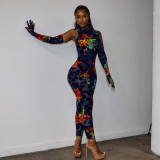 Sexy printed bodysuit with hand sleeve nightclub outfit