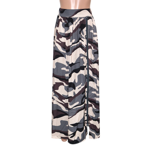 Women's casual camouflage printed zippered split elastic waist skirt