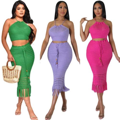 Women's fringe fishing net knitted casual two-piece set